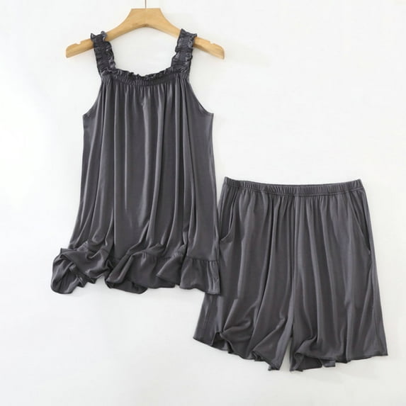 BLTIBY 2 Piece Sets for Women Summer Solid Color Loose Sleeveless Cami Shirts Wide Leg Shorts Matching Set with Pockets Vacation Outfits Gray L