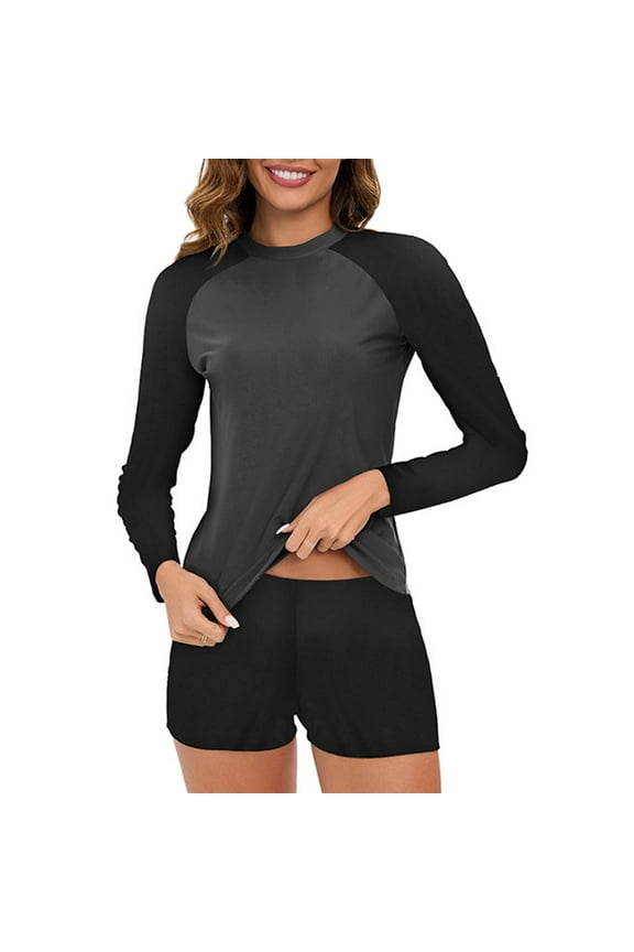 2 Piece Swimsuits for Women Athletic Bathing Suits Solid Color Pullover Swimwear Long Sleeve Conservative Diving Suit Dark Gray XXL