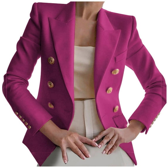 BLTIBY 2024 Blazer Jackets for Women Spring Autumn Solid Color Open Front Button Lapel Long Sleeve Casual Party Blazers with Pockets Hot Pink XXL