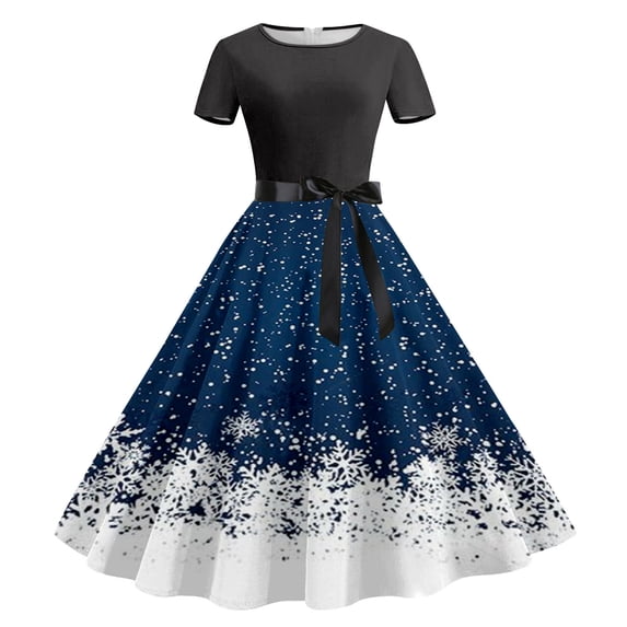 BLTIBY 2024 Christmas Dress for Women Vintage Winter Fall Short Sleeve Round Neck 1950s Cocktail Pleated Dresses Knee-Length Evening Party Prom Outfit with Belt Blue XL