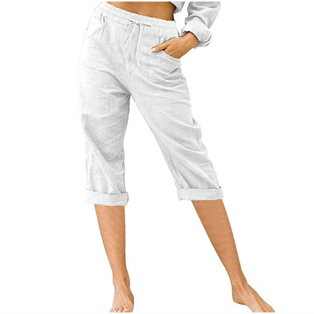 BLTIBY 2024 Cotton Linen Slim Fit 3/4 Pants Womens Solid Color Elastic ...
