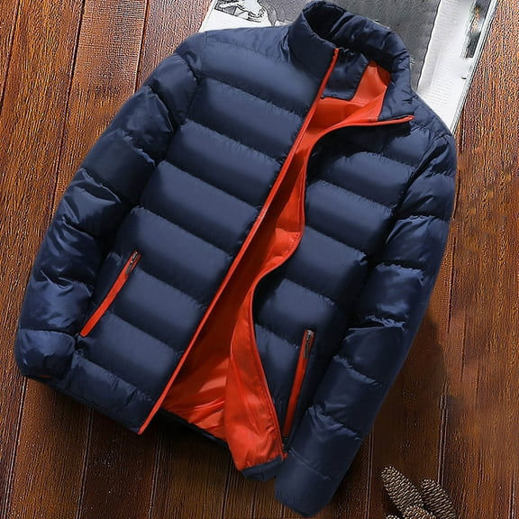 BLTIBY 2024 Mens Down Puffer Jacket Winter Fall Solid Color Lightweight Coat Casual Thin Insulated Jackets Fashion Outwear with Pockets Navy 5XL
