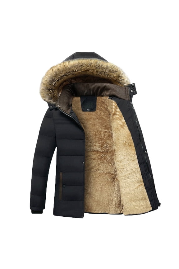 2024 Mens Down Puffer Jacket Hoodies Fur Collar Winter Fall Solid Color Lightweight Coat Casual Thin Insulated Jackets Fashion Outwear with Pockets Black XXL