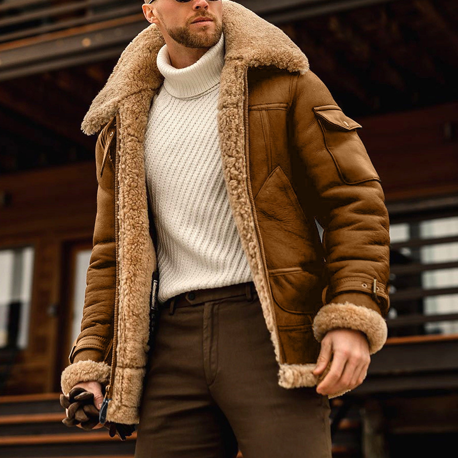 BLTIBY 2024 Mens Vintage Fleece Jacket Plush Collar Faux Leather Jackets Men Warm Zip Up Motorcycle Coat Coats Retro Tops Brown 3XL