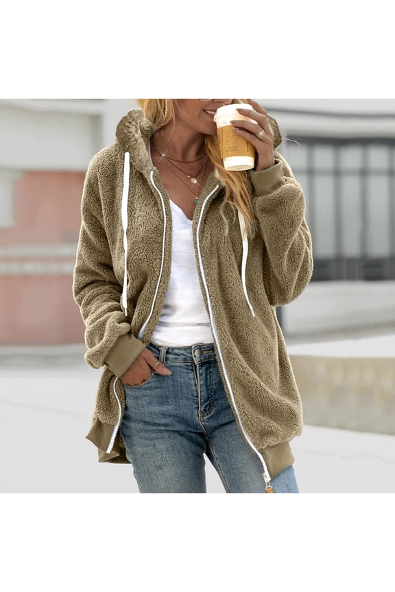 2024 Sherpa Jacket Women Casual Solid Colour Fashion Long Sleeve Drawstring Full Zip Padded Coats Fuzzy Fleece Hooded Outwears Khaki 4XL