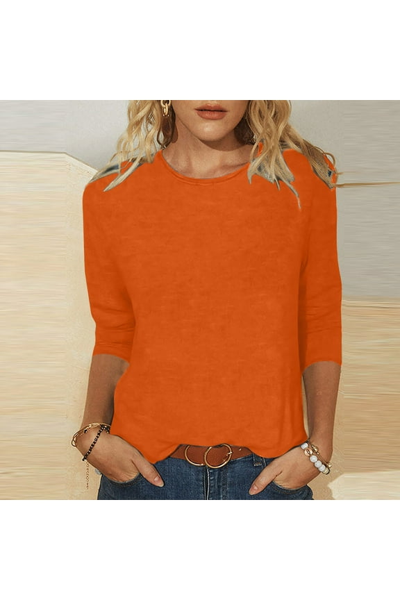 2024 Sweatshirts for Women Trendy Crop Sweatshirt Womens Solid Colour 3/4 Sleeve Loose Casual Blouse Round Neck PulloverComfortable Top Orange S