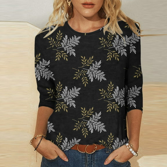 BLTIBY 2024 Sweatshirts for Women Autumn 3/4 Sleeve Round Neck Printed Pullover Shirts Tops Fashion Casual Loose Lightweight Black M