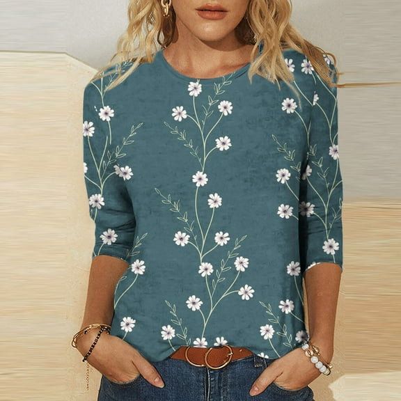 BLTIBY 2024 Sweatshirts for Women Autumn 3/4 Sleeve Round Neck Printed Pullover Shirts Tops Fashion Casual Loose Lightweight Green S