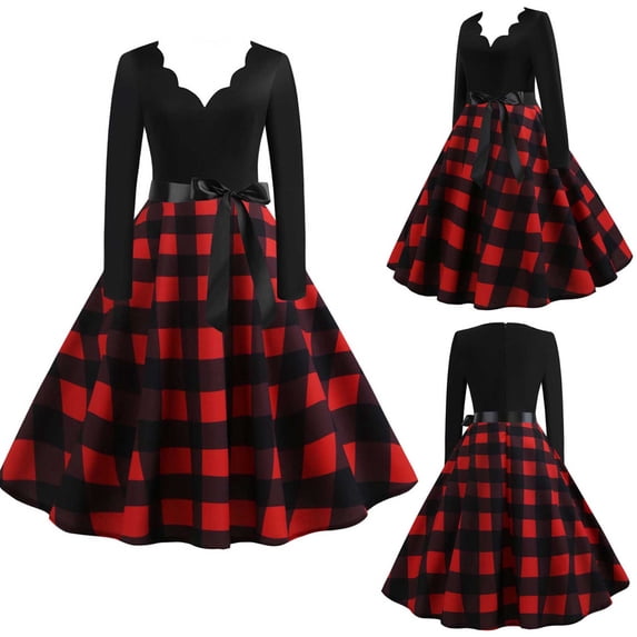 BLTIBY 2024 Vintage Christmas Dress for Women Fall Winter V Neck Long Sleeve 1950s Cocktail Pleated Dresses Evening Party Prom Outfits Knee-Length with Belt Red 2 XXL