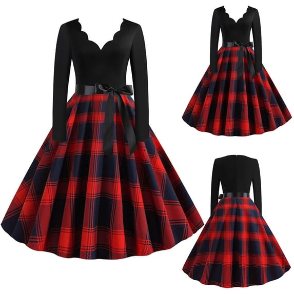 BLTIBY 2024 Vintage Christmas Dress for Women Fall Winter V Neck Long Sleeve 1950s Cocktail Pleated Dresses Evening Party Prom Outfits Knee-Length with Belt Red M