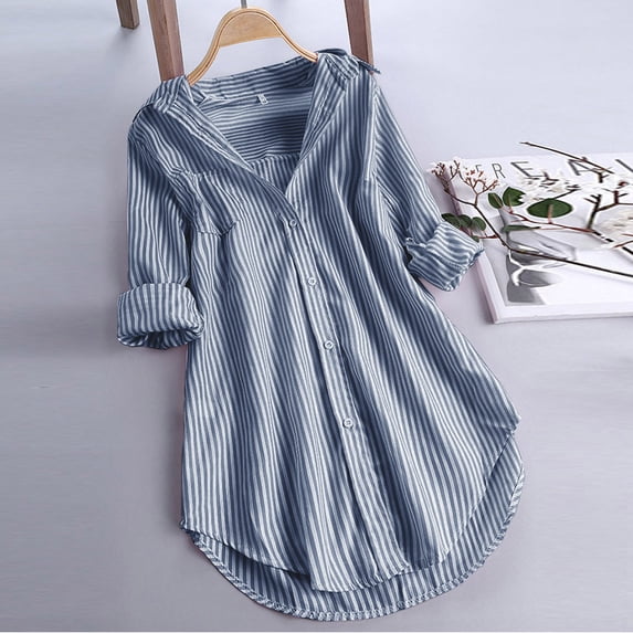 BLTIBY 2024 Women Button Down Shirts Autumn Long Sleeve Lapel Striped Printed Casual Blouses Lightweight Fashion Top with Pockets Navy L