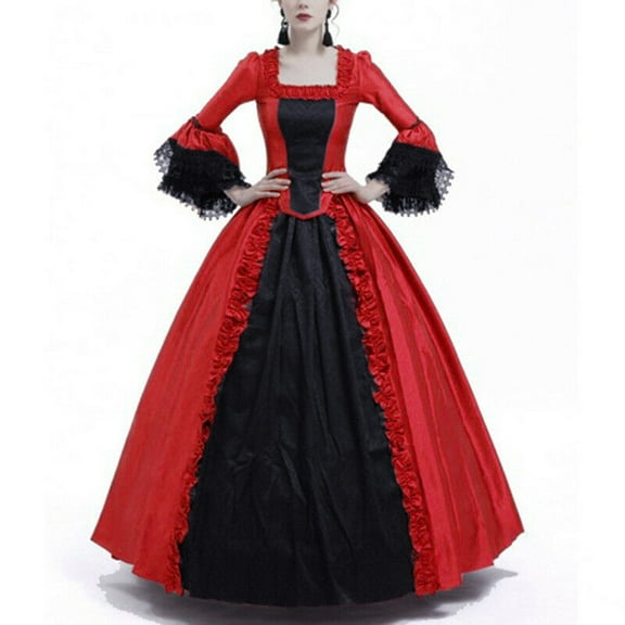 BLTIBY 2024 Women Court Gowns Dress Fall Winter Gothic Retro Solid Ball Gowns Medieval Dress Lace Patchwork Flare Sleeve Premium Halloween Dresses Red L