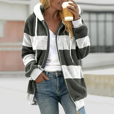 BLTIBY 2024 Women Winter Fleece Jackets Hoodies Winter Fall Color Block Open Front Lightweight Casual Sherpa Coat Soft Warm Overcoats with Pockets Army Green L