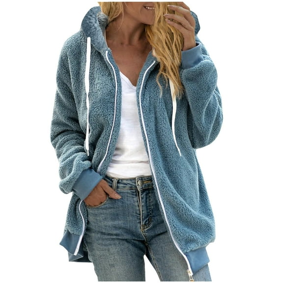 BLTIBY 2024 Women Winter Fleece Jackets Hoodies Winter Fall Solid Color Open Front Lightweight Casual Sherpa Coat Soft Warm Overcoats with Pockets Blue 4XL