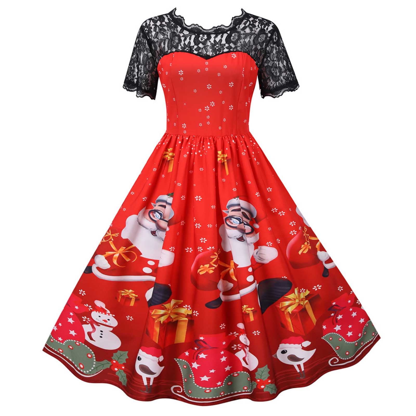 BLTIBY 2024 Women's Christmas Dress Printed Xmas Pleated Swing Dresses  Sleeveless Round Neck Lace Cocktail Prom Party Dress Fashion Outfits Red S  - Walmart.com