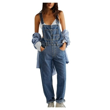 BLTIBY 2024 Women's Overalls Loose Fit Ladies Jeans Summer Solid Color Fashion Baggy Suspenders Button Jumpsuit Casual Sleeveless Wide Long Bib Leg Rompers with Pockets Dark Blue S