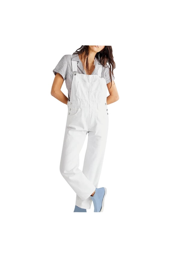 2024 Women's Overalls Loose Fit Ladies Jeans Summer Solid Color Fashion Baggy Suspenders Button Jumpsuit Casual Sleeveless Wide Long Bib Leg Rompers with Pockets White M