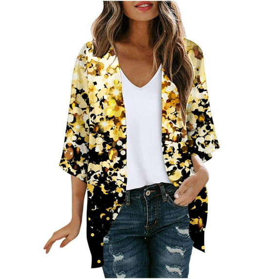 BLTIBY 2024 Womens Cardigan Jacket Spring Autumn Printed Open Front Long Sleeve Sweaters Casual Trendy Lightweight Coats Yellow S