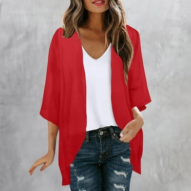 BLTIBY 2024 Womens Cardigan Jacket Spring Autumn Solid Colour Open Front 3/4 Sleeve Sweaters Casual Trendy Lightweight Coats Red L
