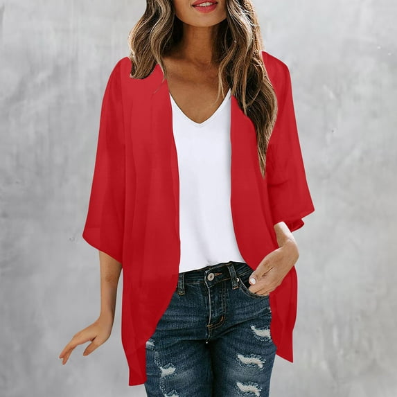BLTIBY 2024 Womens Cardigan Jacket Spring Autumn Solid Colour Open Front 3/4 Sleeve Sweaters Casual Trendy Lightweight Coats Red S