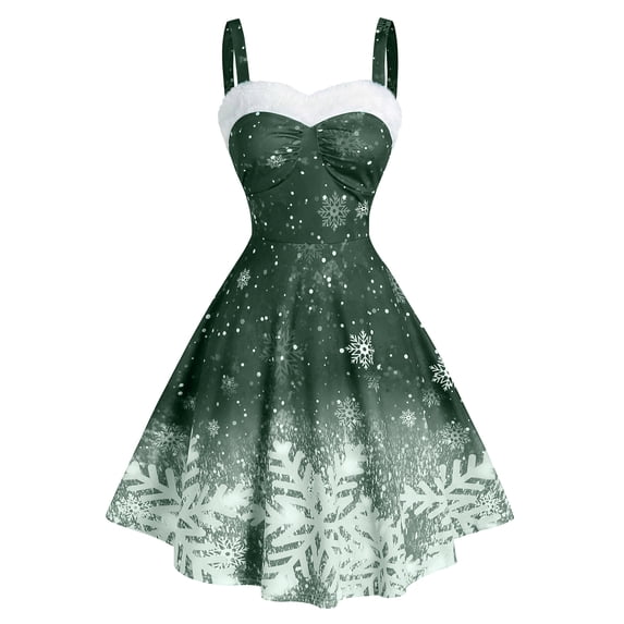 BLTIBY 2024 Womens Christmas Camisole Dresses Snowflake Print Furry Trim Vintage V-Neck Dress Mrs Santa Claus Holiday Cocktail Party Sleeveless Swing Dress A-Line Midi Outfits Green L