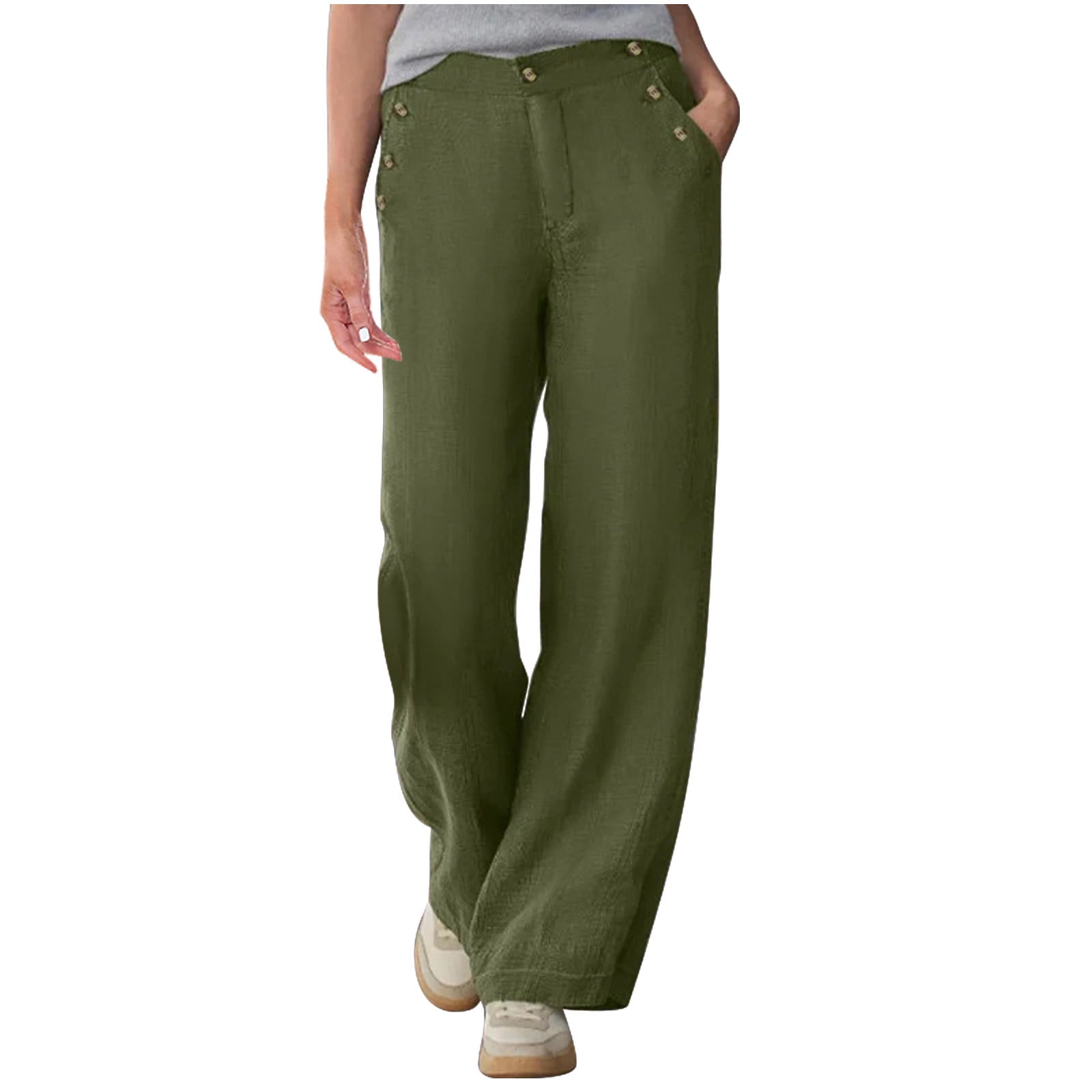 BLTIBY 2024 Womens Flowy Pants Cotton Linen Summer Wide Leg Button ...