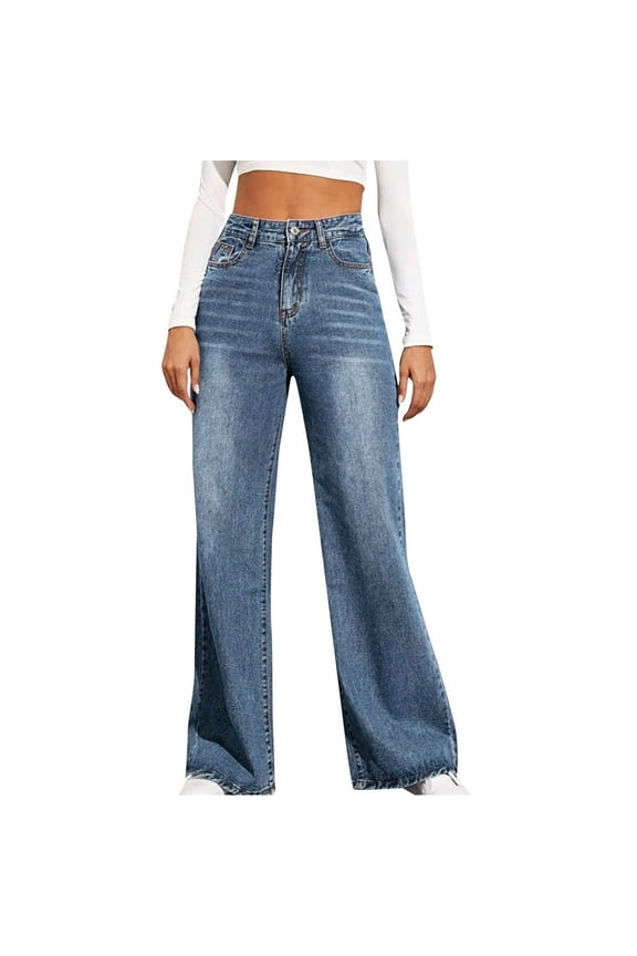 2024 Womens Jeans High Waisted Trendy Baggy Fashion Solid Color Button Loose Flared Straight Leg Stretch Casual Long Denim Pants Slouchy with Pockets Blue S