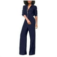 thumbnail image 1 of BLTIBY 2024 Womens Jumpsuits Dressy Summer Solid Color Long Sleeve Casual Slim Zip Elegant Temperament Fashion Wide Leg Long Pants Slip Rompers Overalls Dark Blue S, 1 of 1