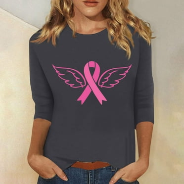 BLTIBY 2024 Womens Ribbons Breast Cancer Sweatshirts Autumn 3/4 Sleeve Round Neck Printed Pullover Shirts Fashion Casual Loose Tops Gray M