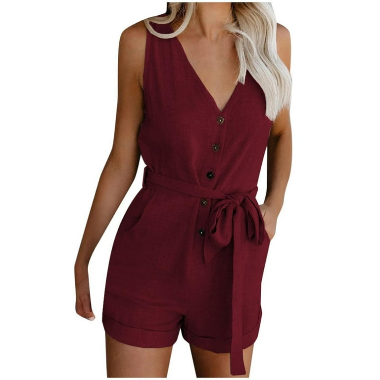 BLTIBY 2024 Womens Rompers Shorts Casual Summer V Neck Belted Button Romper Sleeveless Short Jumpsuit Rolled Pants Outfit Ladies Short Sleeve with Pockets Overalls Wine S Walmart