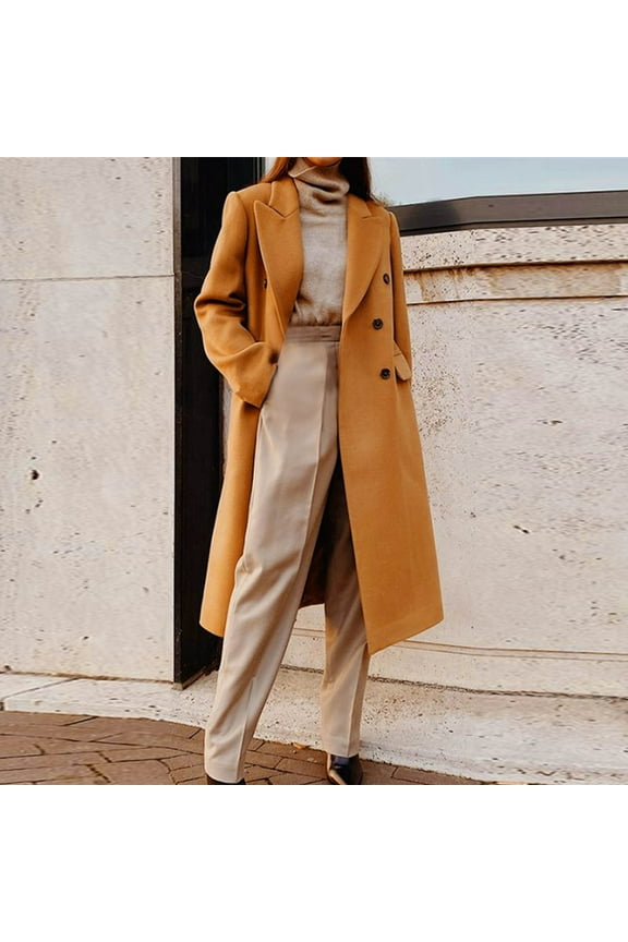 2024 Womens Winter Wool Coats Winter Fall Solid Color Lapel Cardigan Warm Long Jackets Midi Long Sleeve Coats with Pockets Khaki XL