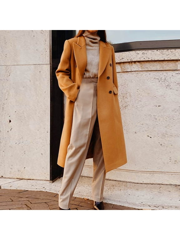 2024 Womens Winter Wool Coats Winter Fall Solid Color Lapel Cardigan Warm Long Jackets Midi Long Sleeve Coats with Pockets Khaki XL