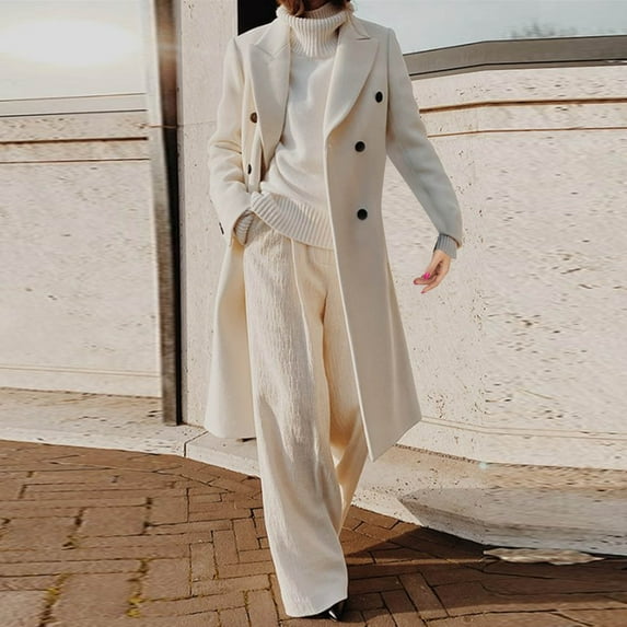 BLTIBY 2024 Womens Winter Wool Coats Winter Fall Solid Color Lapel Cardigan Warm Long Jackets Midi Long Sleeve Coats with Pockets White 3XL
