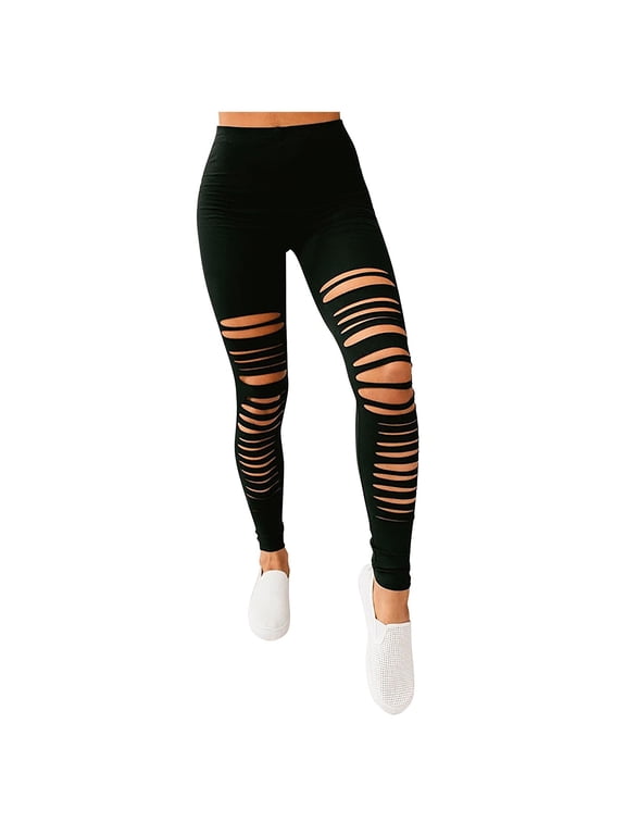2024 Womens Yoga Slim Pants High Waisted Ripped Leggings Ladies Casual Fashion Slim Tummy Control Quick Dry Pants for Running Cycling Yoga Fitness Workout Trousers Black XL
