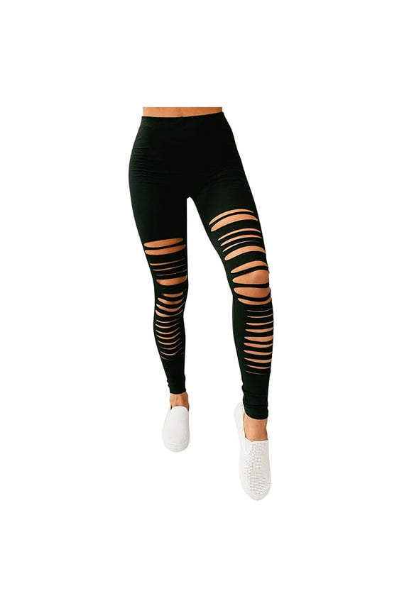 2024 Womens Yoga Slim Pants High Waisted Ripped Leggings Ladies Casual Fashion Slim Tummy Control Quick Dry Pants for Running Cycling Yoga Fitness Workout Trousers Black L