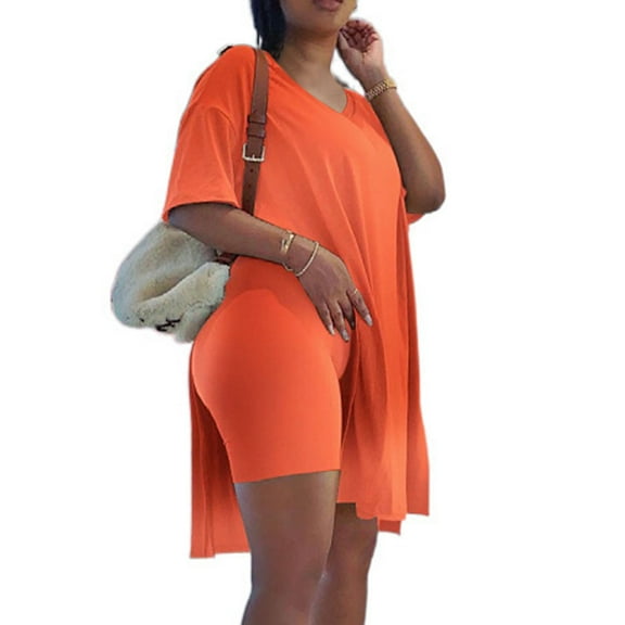 BLTIBY 2025 2 Piece Sets for Women Summer Solid Color Loose Short Sleeve V Neck Shirts Slim Shorts Set Fashion Outfits Orange M