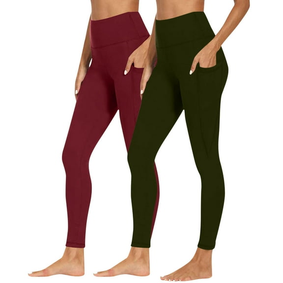 BLTIBY 2025 2PC Women's Yoga Pants High Waist Solid Colour Tummy Control Leggings with Pockets Workout Tight Athletic Trousers Army Green 3XL