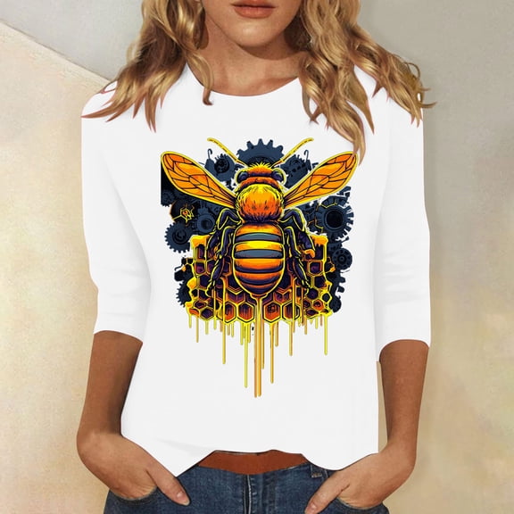 BLTIBY 2025 Bee Shirts for Women 3/4 Length Sleeve Tunic Tops Funny Cute Bee Graphic Tee Blouse Summer Casual Tshirt Ladies Gifts Pullover Tops White 2 L