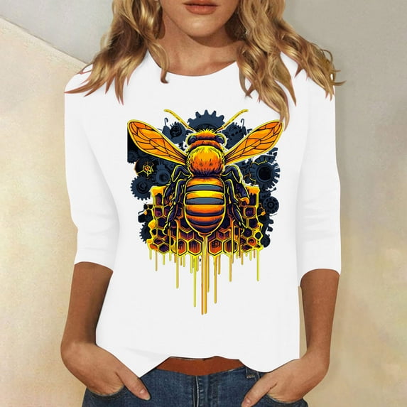 BLTIBY 2025 Bee Shirts for Women 3/4 Length Sleeve Tunic Tops Funny Cute Bee Graphic Tee Blouse Summer Casual Tshirt Ladies Gifts Pullover Tops White 2 L