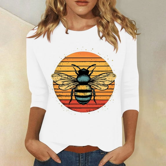 BLTIBY 2025 Bee Shirts for Women 3/4 Length Sleeve Tunic Tops Funny Cute Bee Graphic Tee Blouse Summer Casual Tshirt Ladies Gifts Pullover Tops White 6 XXL