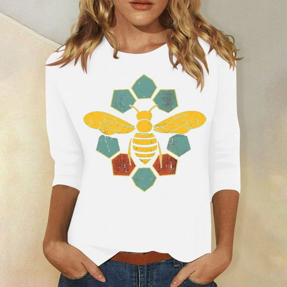 BLTIBY 2025 Bee Shirts for Women 3/4 Length Sleeve Tunic Tops Funny Cute Bee Graphic Tee Blouse Summer Casual Tshirt Ladies Gifts Pullover Tops White 8 3XL