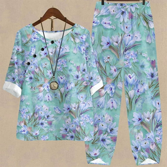 BLTIBY 2025 Cotton Linen 2 Piece Sets for Women Summer Printed Loose Short Sleeve Round Neck Shirts Wide Leg Pant Matching Set Plus Size Vacation Outfits Light Blue 3XL