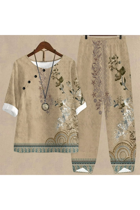 2025 Cotton Linen 2 Piece Sets for Women Summer Printed Loose Short Sleeve Round Neck Shirts Wide Leg Pant Matching Set Plus Size Vacation Outfits Brown XL