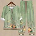 thumbnail image 1 of BLTIBY 2025 Cotton Linen 2 Piece Sets for Women Summer Printed Loose Short Sleeve Round Neck Shirts Wide Leg Pant Matching Set Plus Size Vacation Outfits Green M, 1 of 5