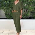 thumbnail image 1 of BLTIBY 2025 Cotton Linen 2 Piece Sets for Women Summer Solid Color Loose Short Sleeve V Neck Shirts Wide Leg Pant Matching Set Plus Size Vacation Outfits with Belt Army Green 5XL, 1 of 6