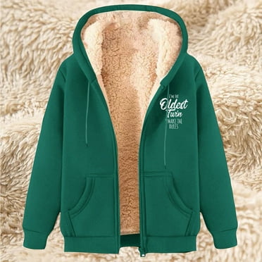 BLTIBY 2025 Fuzzy Fleece Jacket for Women Hoodies Winter Fall Printed Sherpa Coat Zip Drawstring Plush Long Sleeve Cardigan with Pockets Army Green XL