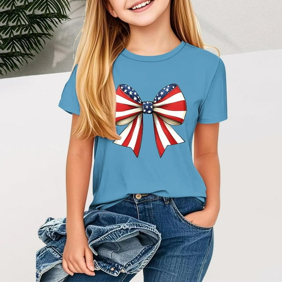 BLTIBY 2025 Girls Boys Short Sleeve Top Child Kids Summer Independence Day Printed Round Neck Shirts Toddler Infant Casual Fashion Loose Pullover Blouse Sky Blue 2-3 Years