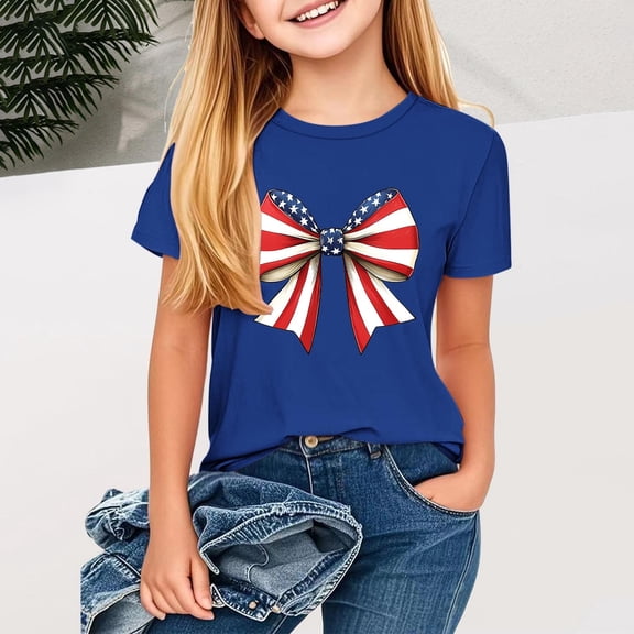 BLTIBY 2025 Girls Boys Short Sleeve Top Child Kids Summer Independence Day Printed Round Neck Shirts Toddler Infant Casual Fashion Loose Pullover Blouse Blue 5-6 Years