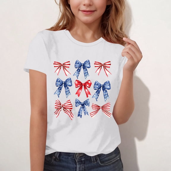 BLTIBY 2025 Girls Boys Short Sleeve Top Child Kids Summer Independence Day Printed Round Neck Shirts Toddler Infant Fashion Casual Loose Pullover Blouse White 4-5Years