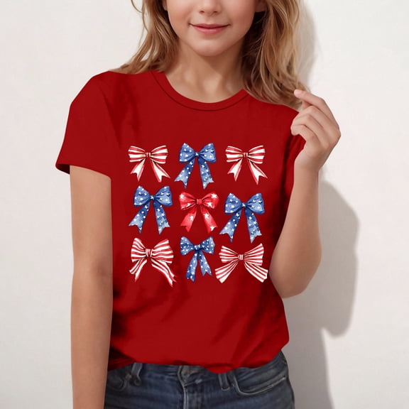 BLTIBY 2025 Girls Boys Short Sleeve Top Child Kids Summer Independence Day Printed Round Neck Shirts Toddler Infant Fashion Casual Loose Pullover Blouse Red 3-4Years